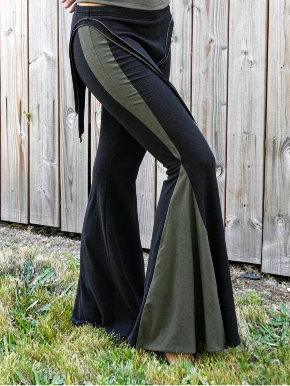 Black Flared Pants with Olive Paneling — Women's Boot Cut size M